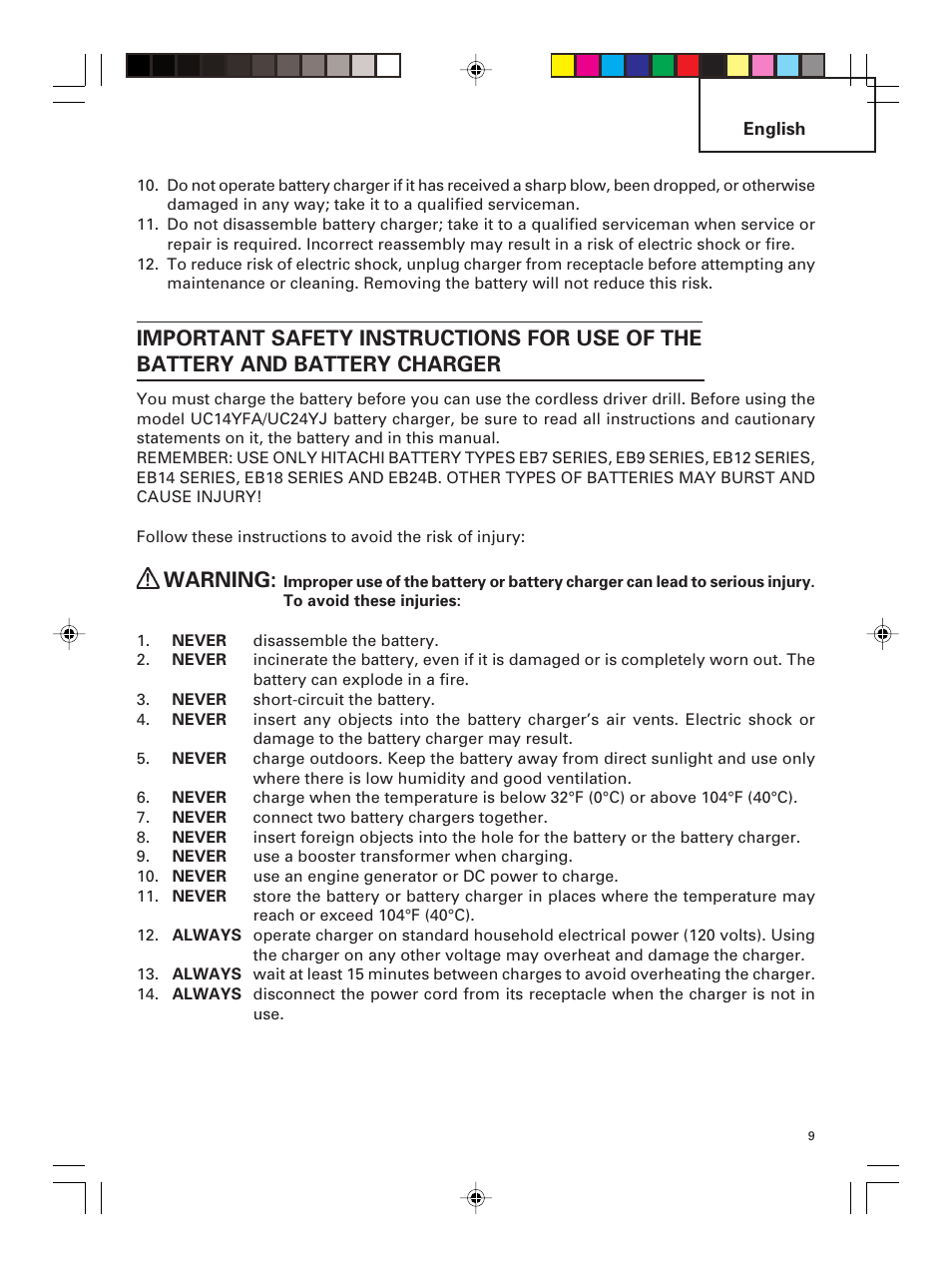 Warning | Hitachi DS 14DMR User Manual | Page 9 / 88
