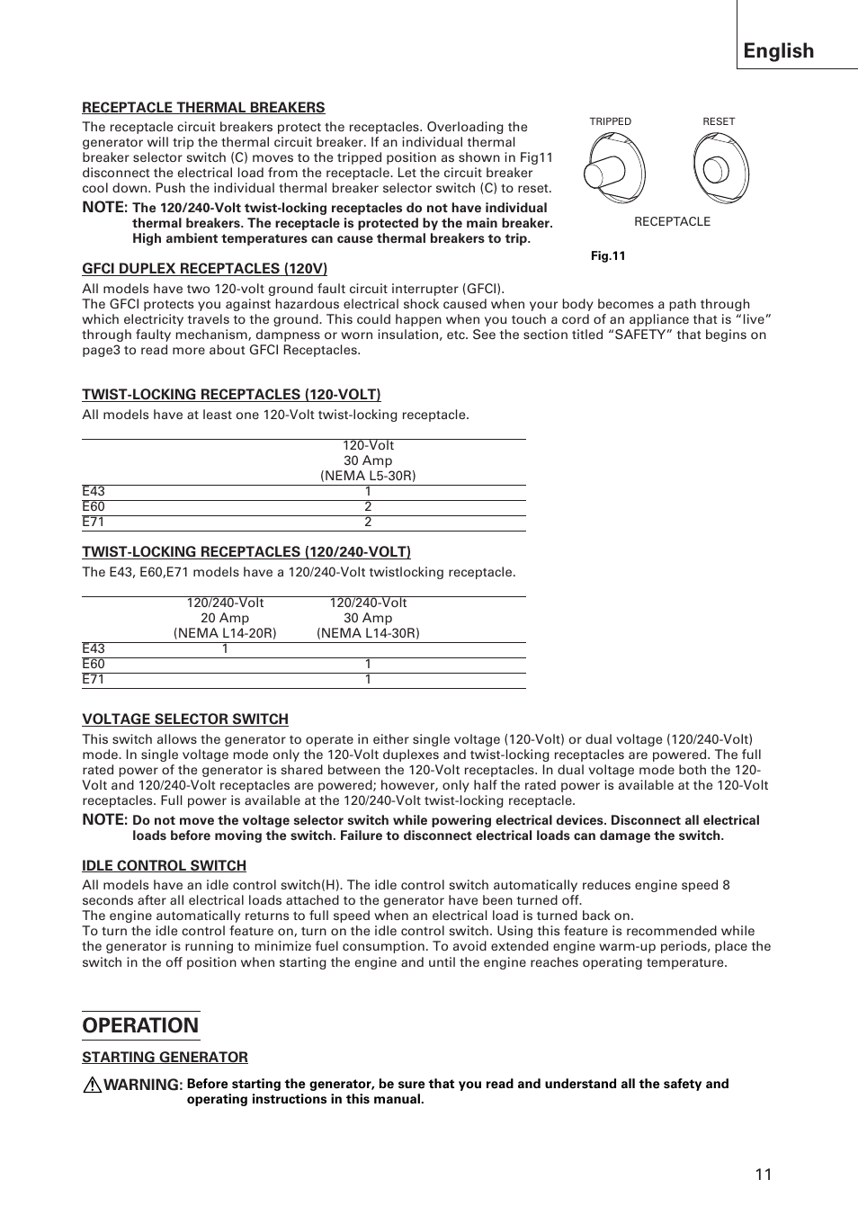 English, Operation | Hitachi E43 User Manual | Page 11 / 52