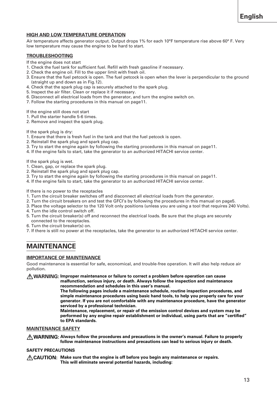 Maintenance, English | Hitachi E43 User Manual | Page 13 / 52