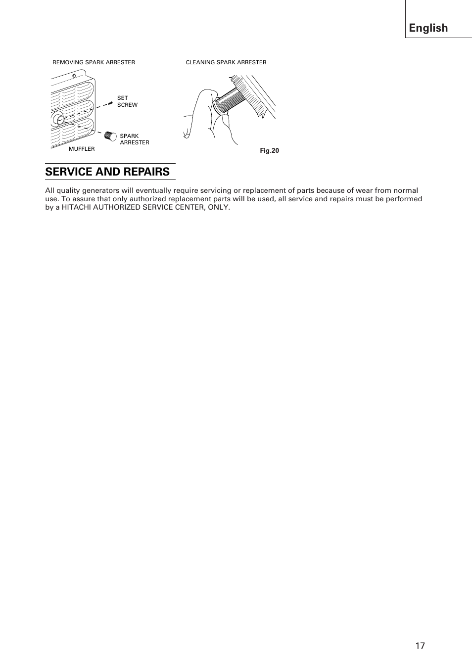 English, Service and repairs | Hitachi E43 User Manual | Page 17 / 52