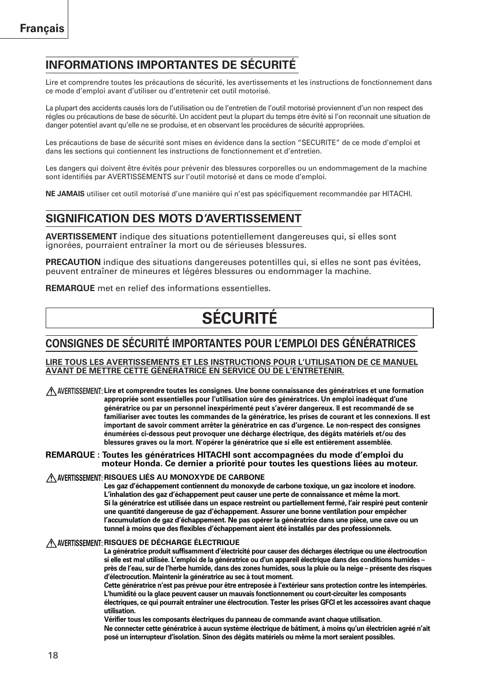 Sécurité, Français informations importantes de sécurité, Signification des mots d’avertissement | Hitachi E43 User Manual | Page 18 / 52