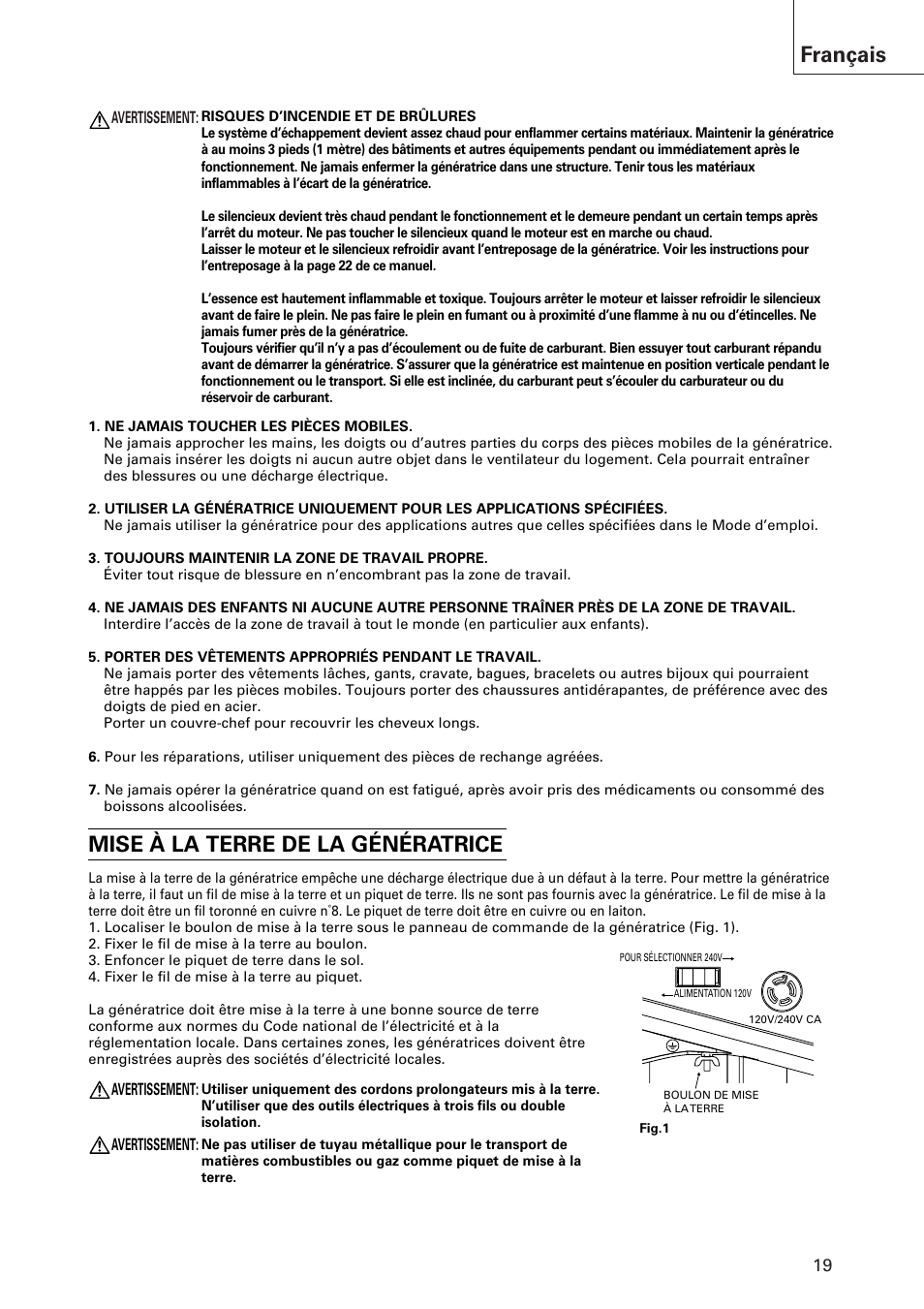 Français, Mise à la terre de la génératrice | Hitachi E43 User Manual | Page 19 / 52