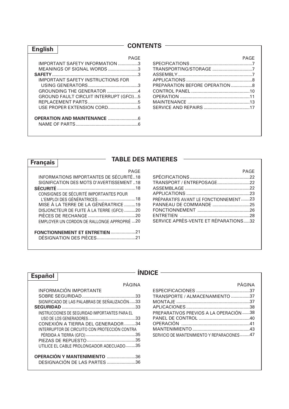 Contents english, Índice español, Table des matieres français | Hitachi E43 User Manual | Page 2 / 52