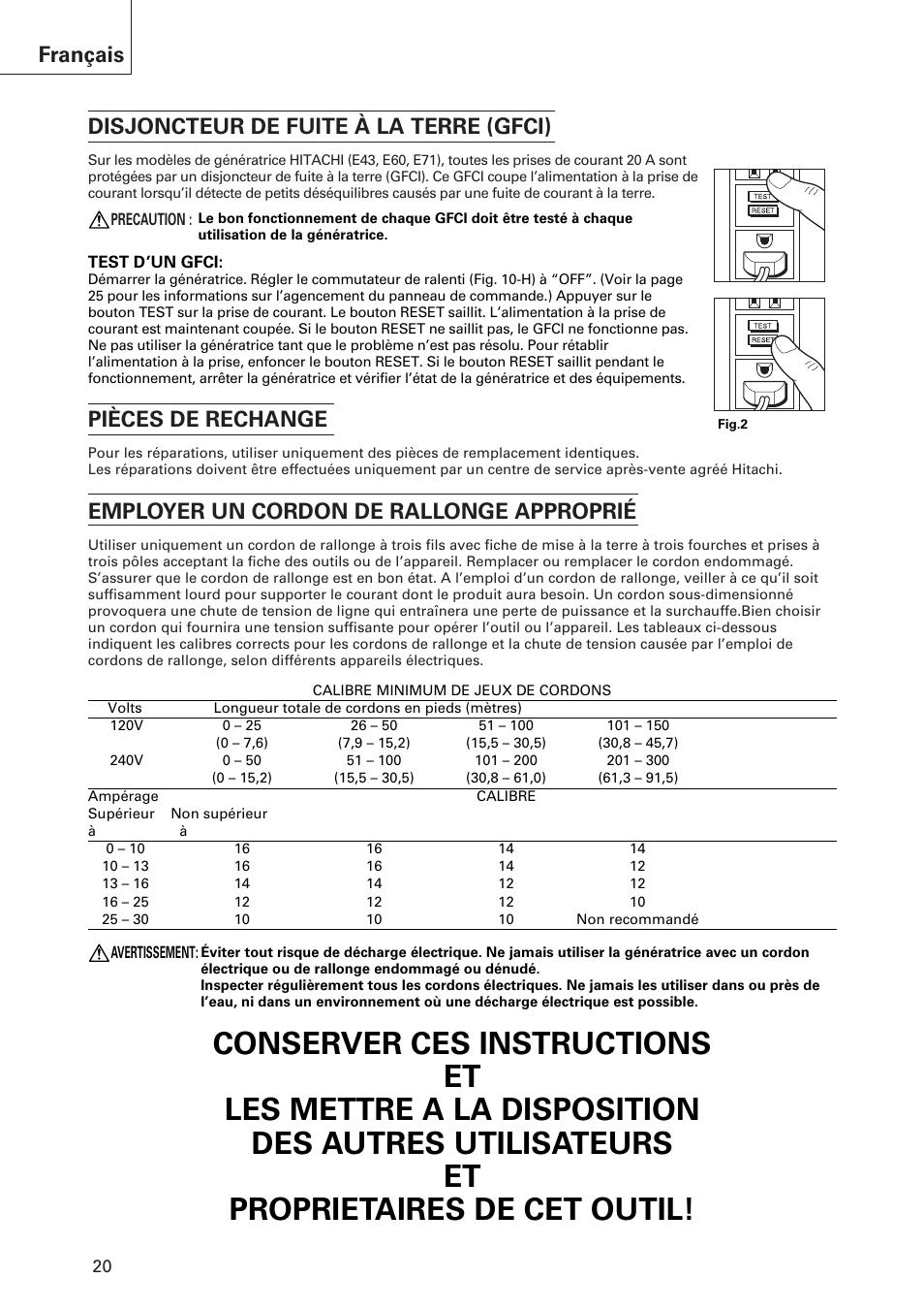 Français disjoncteur de fuite à la terre (gfci), Pièces de rechange, Employer un cordon de rallonge approprié | Hitachi E43 User Manual | Page 20 / 52