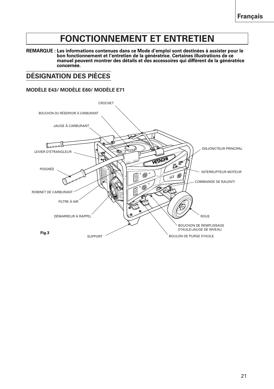 Fonctionnement et entretien, Français, Désignation des pièces | Hitachi E43 User Manual | Page 21 / 52
