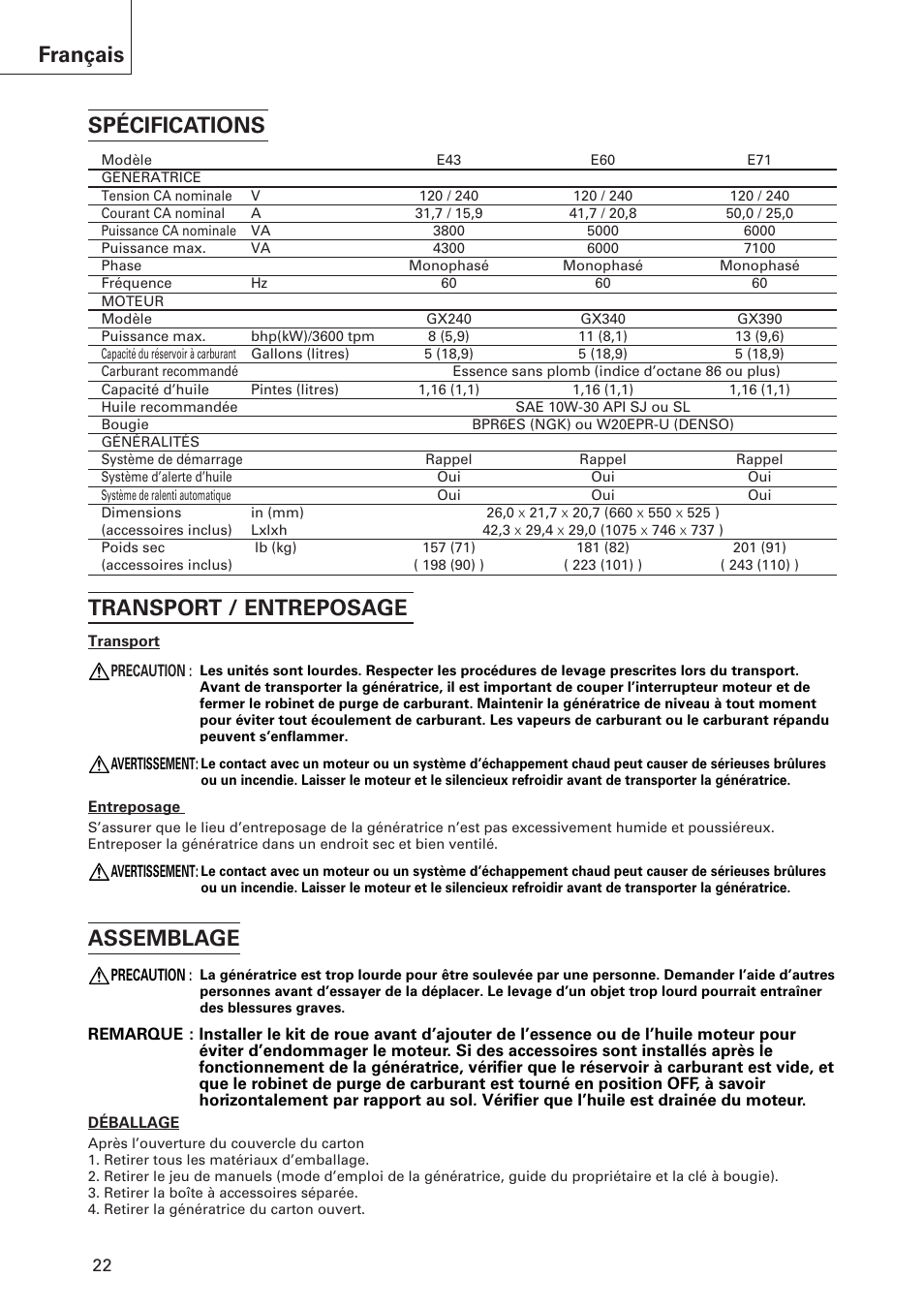 Français, Spécifications transport / entreposage assemblage | Hitachi E43 User Manual | Page 22 / 52