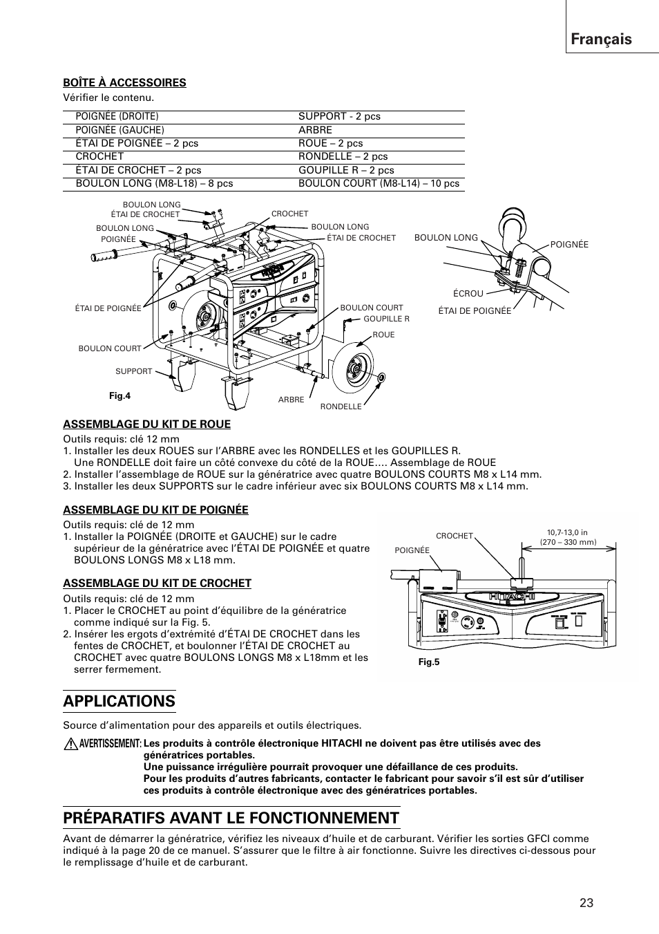 Français, Applications, Préparatifs avant le fonctionnement | Avertissement | Hitachi E43 User Manual | Page 23 / 52