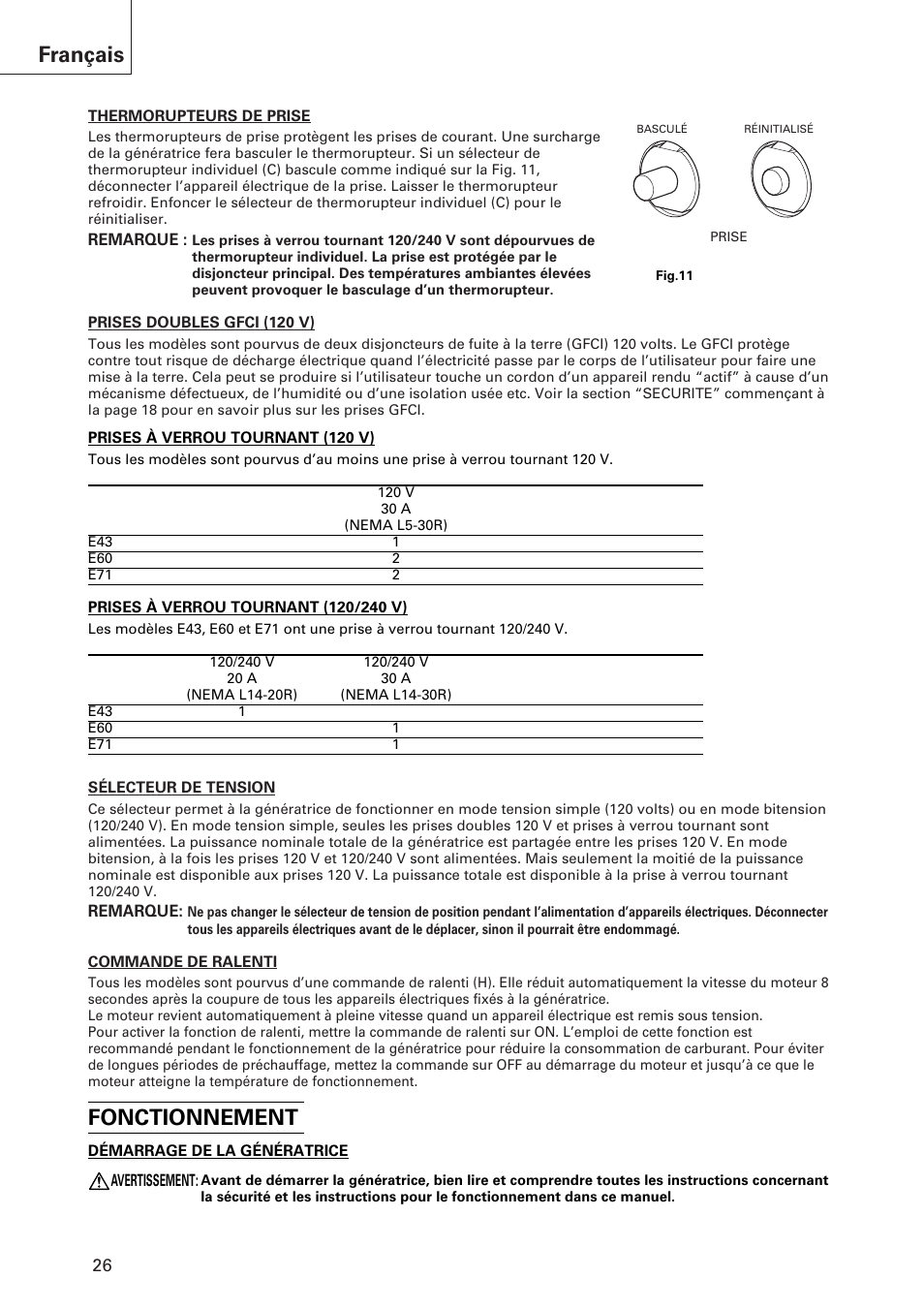 Français, Fonctionnement | Hitachi E43 User Manual | Page 26 / 52