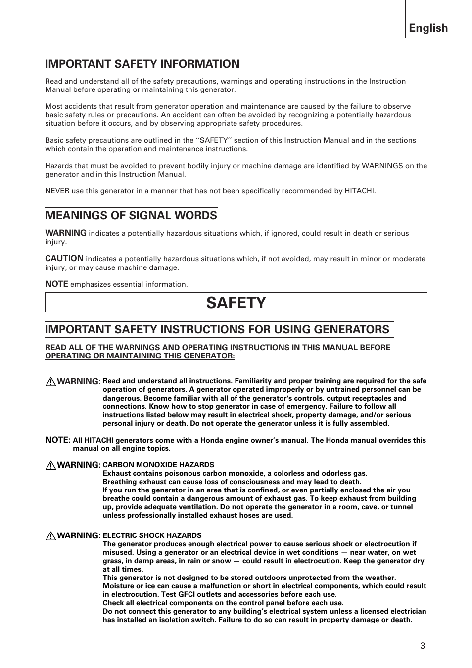 Safety, English important safety information, Meanings of signal words | Important safety instructions for using generators | Hitachi E43 User Manual | Page 3 / 52