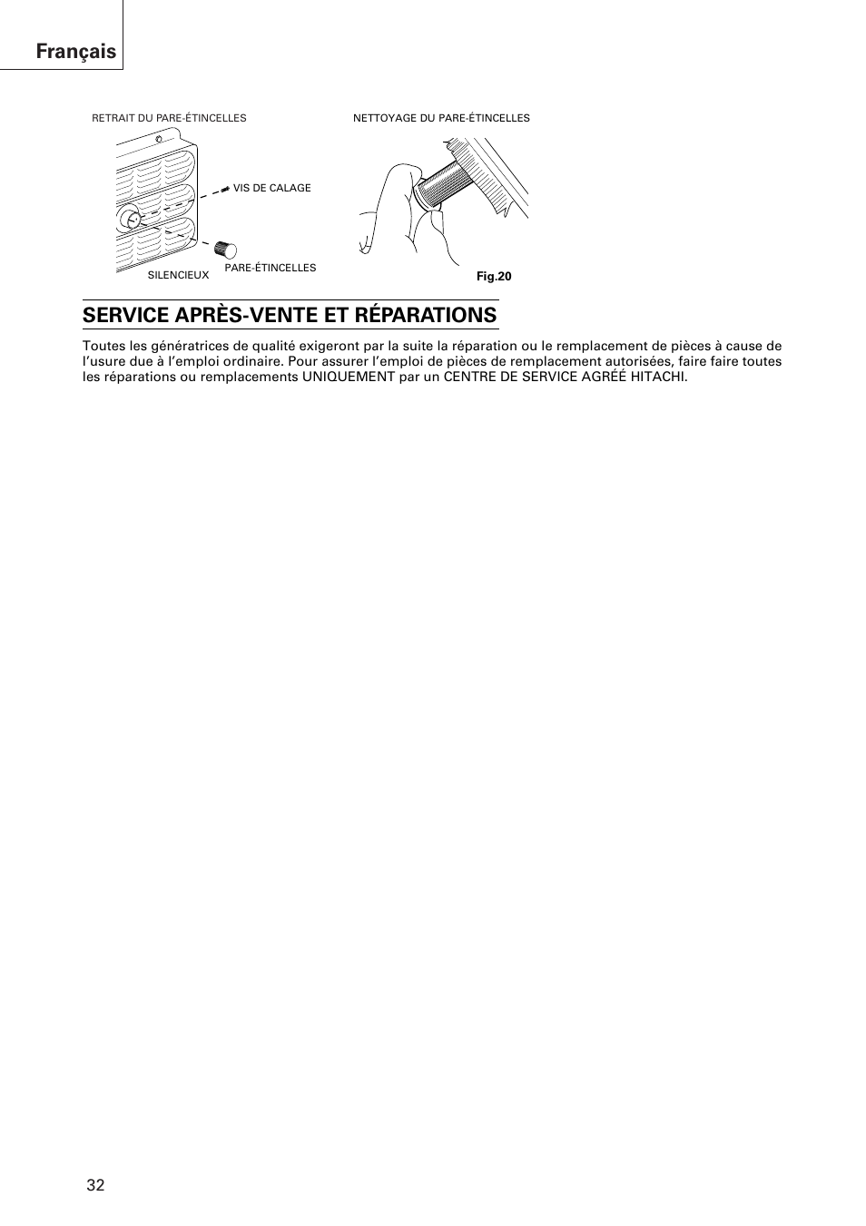 Français, Service après-vente et réparations | Hitachi E43 User Manual | Page 32 / 52