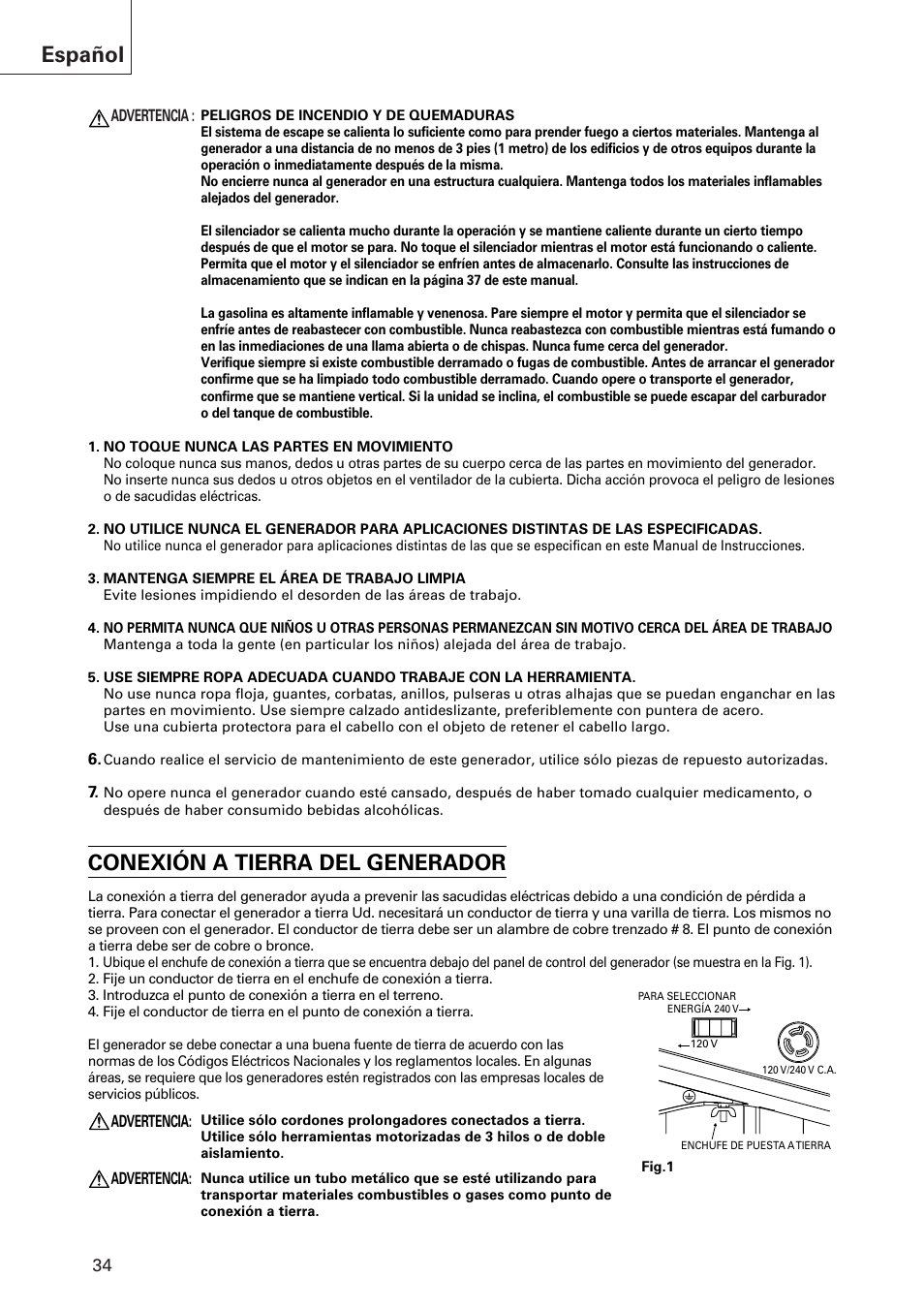 Español, Conexión a tierra del generador | Hitachi E43 User Manual | Page 34 / 52