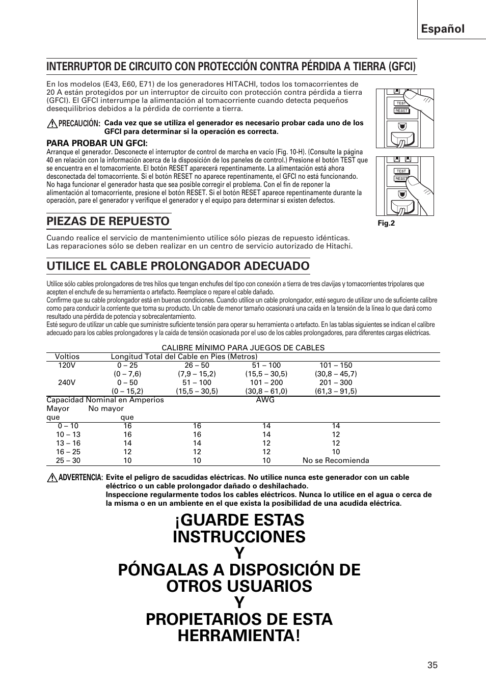 Piezas de repuesto, Utilice el cable prolongador adecuado | Hitachi E43 User Manual | Page 35 / 52
