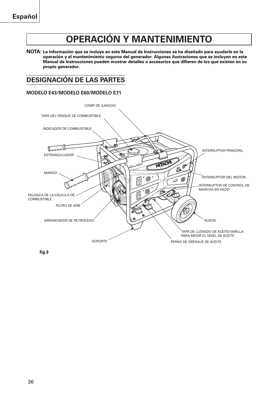 Operación y mantenimiento, Español, Designación de las partes | Hitachi E43 User Manual | Page 36 / 52