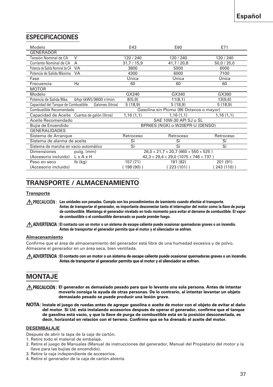 Montaje, Español, Especificaciones transporte / almacenamiento | Hitachi E43 User Manual | Page 37 / 52