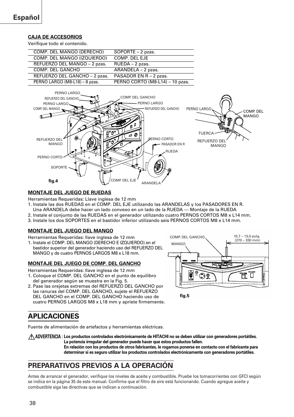 Preparativos previos a la operación, Español, Aplicaciones | Advertencia | Hitachi E43 User Manual | Page 38 / 52