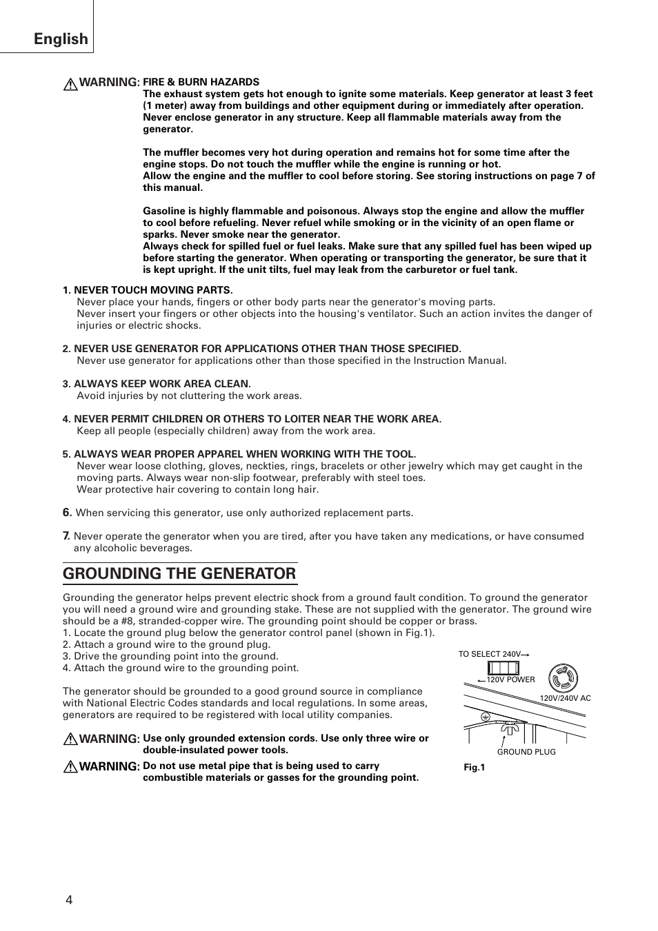 English, Grounding the generator | Hitachi E43 User Manual | Page 4 / 52