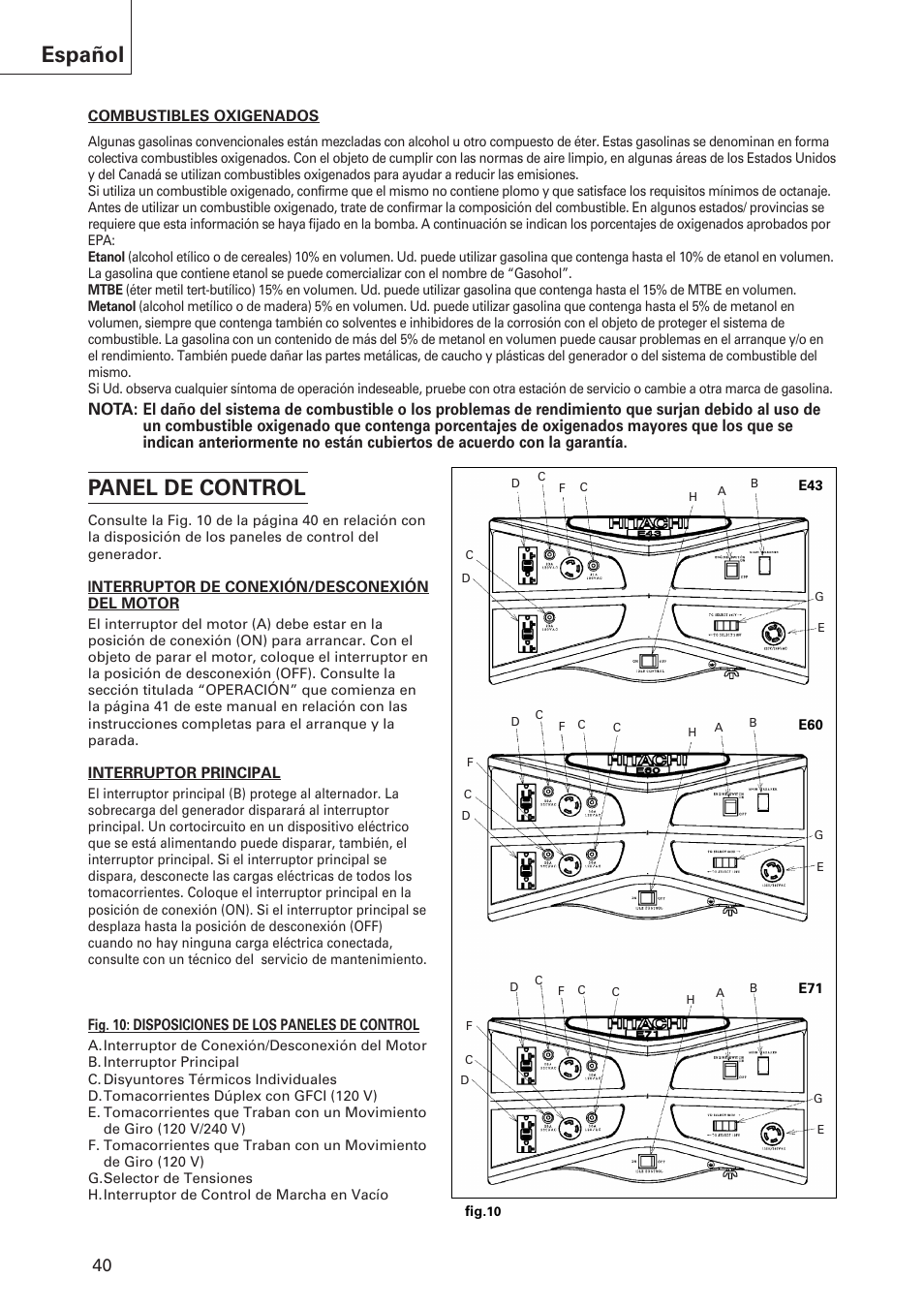 Panel de control, Español | Hitachi E43 User Manual | Page 40 / 52