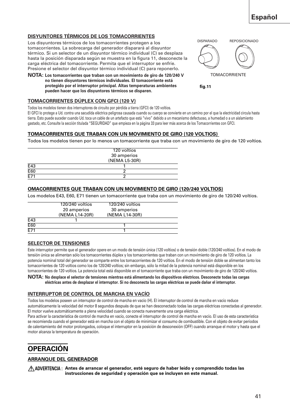 Español, Operación | Hitachi E43 User Manual | Page 41 / 52