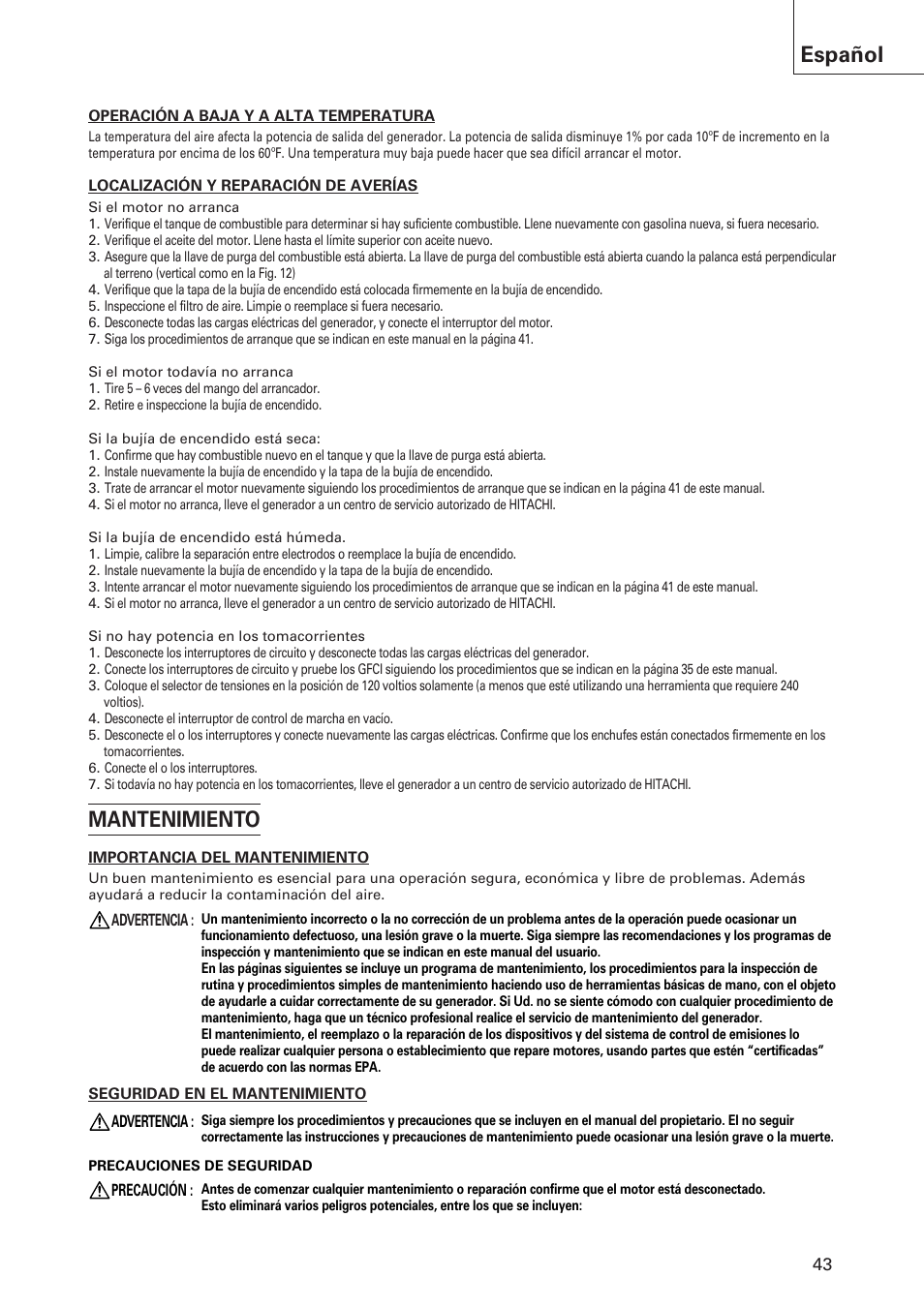 Mantenimiento, Español | Hitachi E43 User Manual | Page 43 / 52