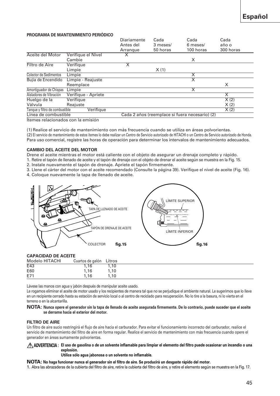 Español | Hitachi E43 User Manual | Page 45 / 52