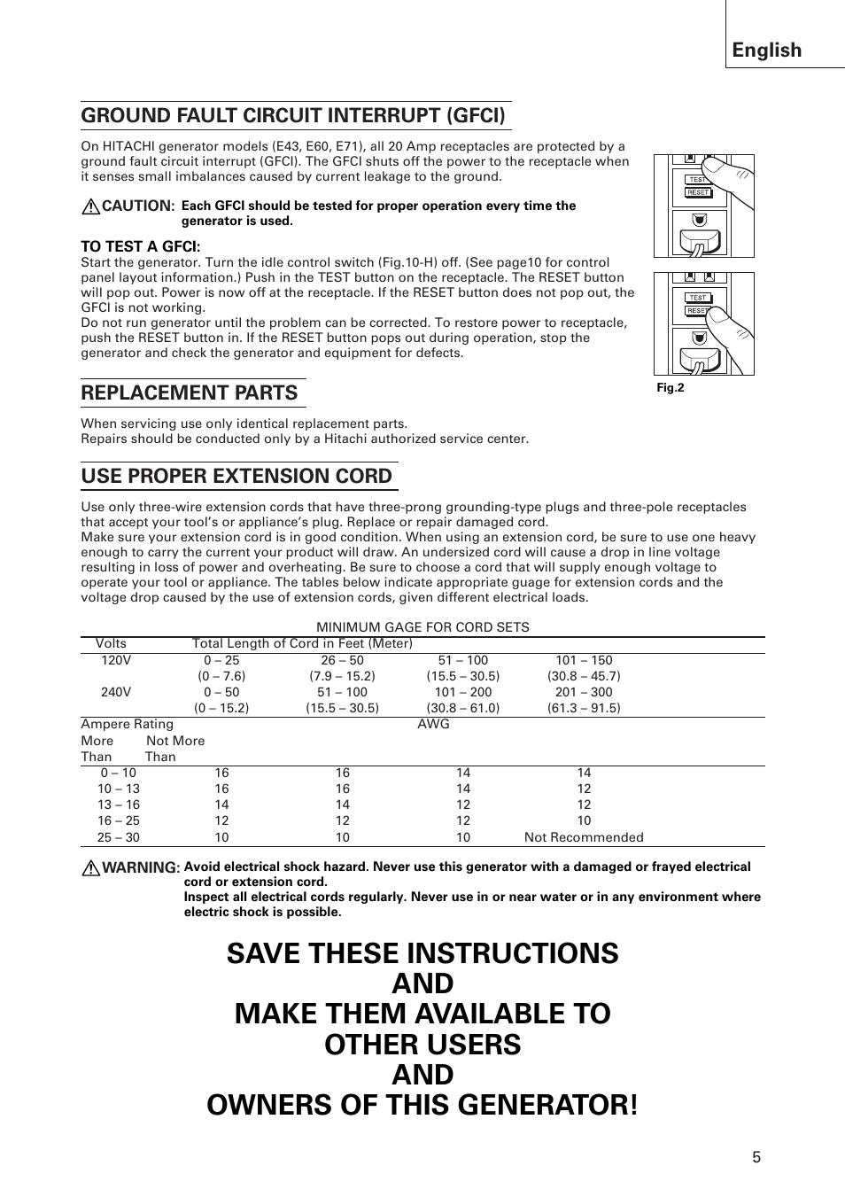 English ground fault circuit interrupt (gfci), Replacement parts, Use proper extension cord | Hitachi E43 User Manual | Page 5 / 52