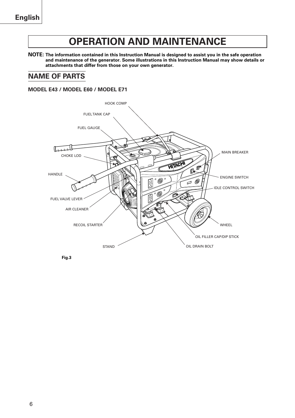 Operation and maintenance, English, Name of parts | Hitachi E43 User Manual | Page 6 / 52