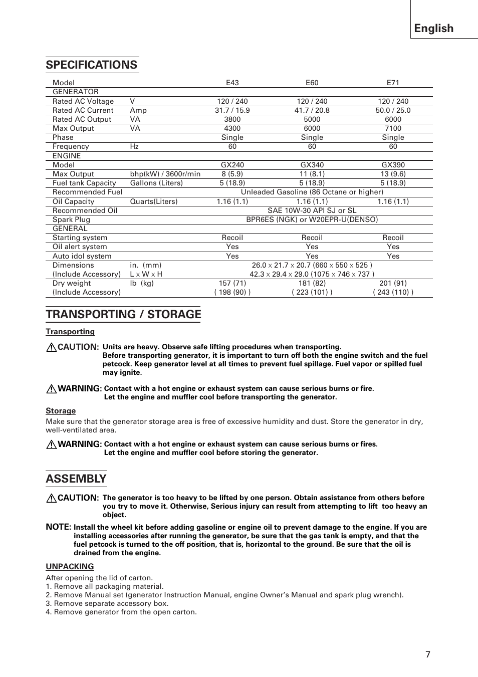 English, Specifications transporting / storage assembly | Hitachi E43 User Manual | Page 7 / 52