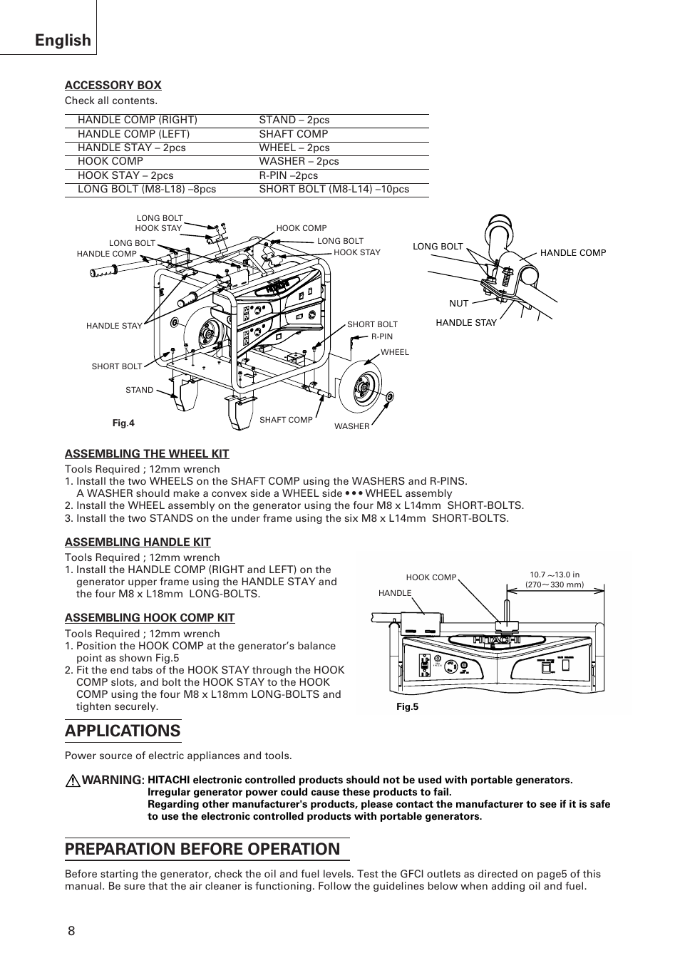 English, Applications, Preparation before operation | Warning | Hitachi E43 User Manual | Page 8 / 52