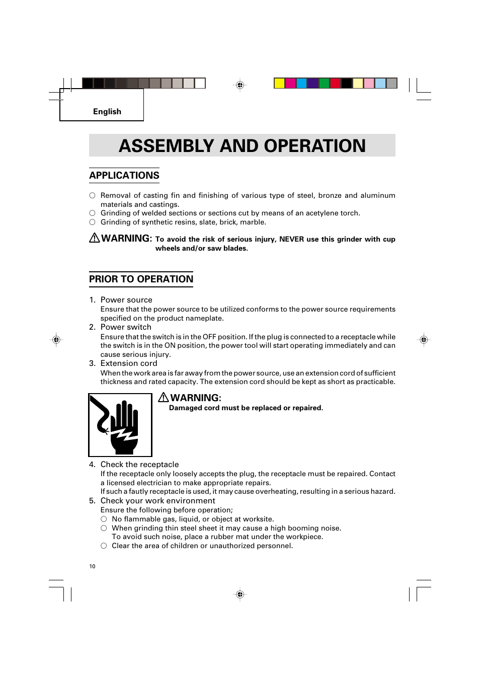 Assembly and operation, Applications, Warning | Prior to operation | Hitachi G 12SA2 User Manual | Page 10 / 48