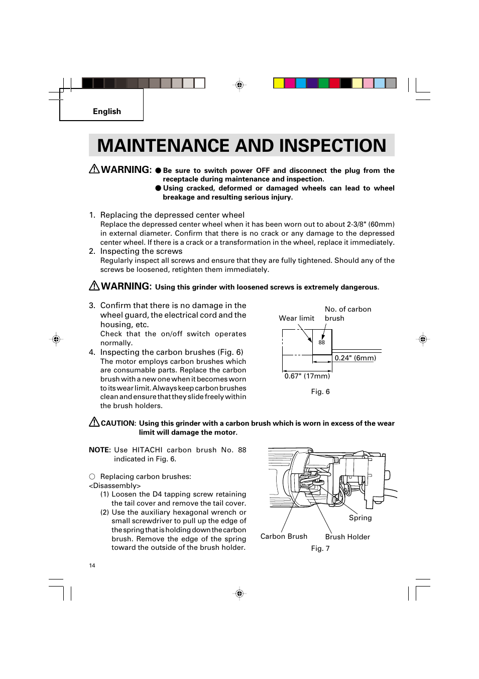 Maintenance and inspection, Warning | Hitachi G 12SA2 User Manual | Page 14 / 48