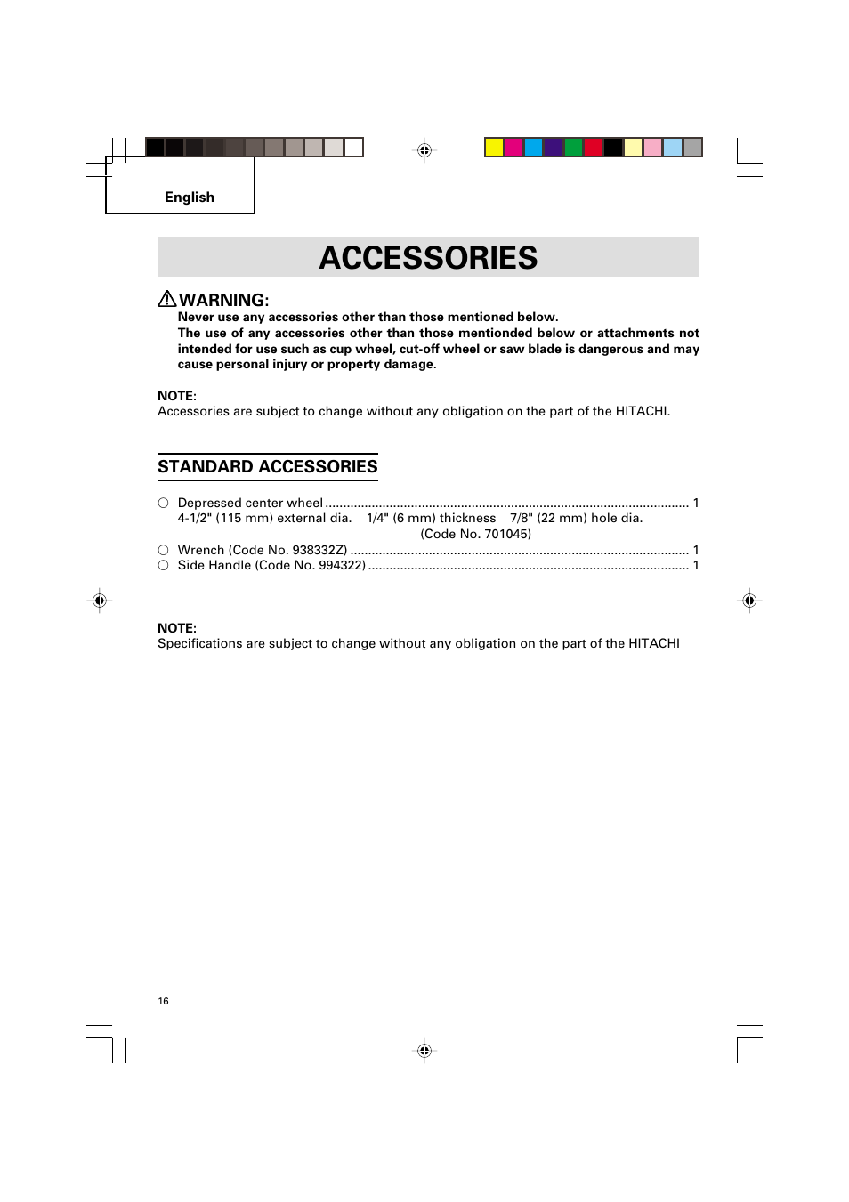 Accessories, Warning, Standard accessories | Hitachi G 12SA2 User Manual | Page 16 / 48