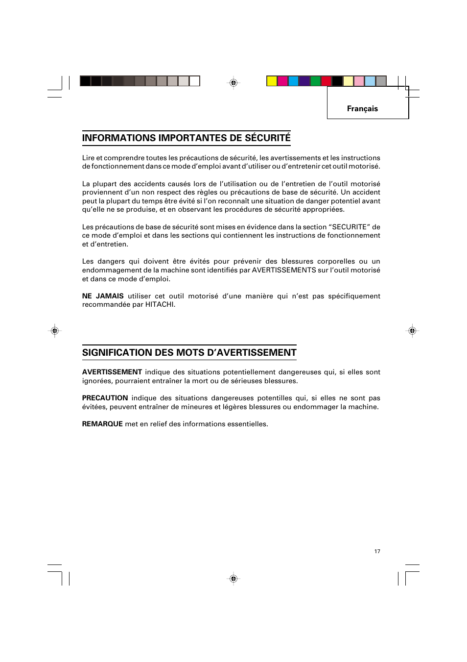 Informations importantes de sécurité, Signification des mots d’avertissement | Hitachi G 12SA2 User Manual | Page 17 / 48