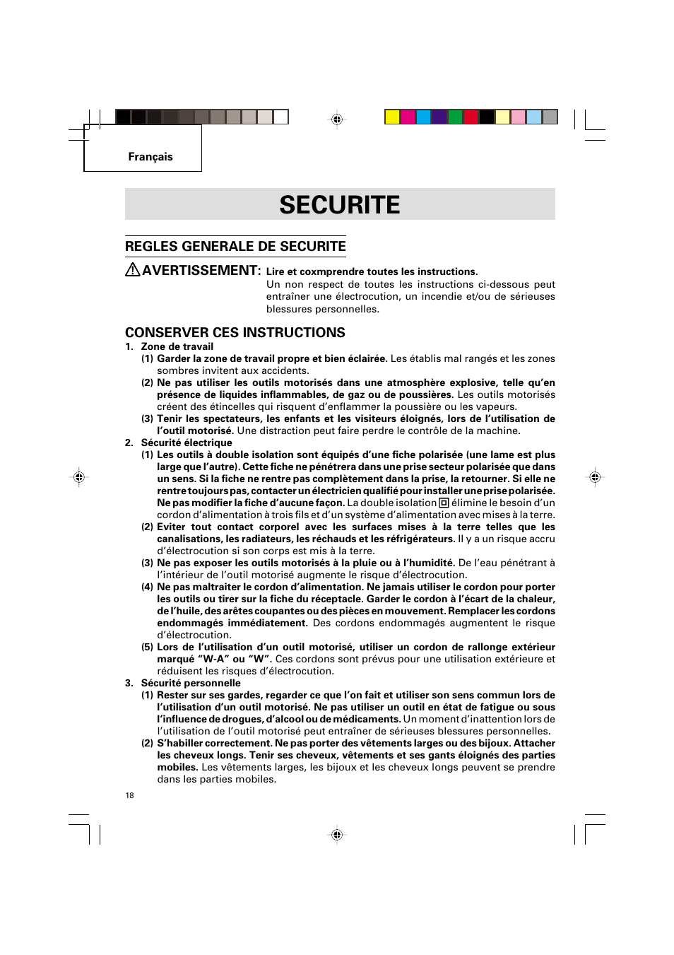 Securite, Regles generale de securite avertissement, Conserver ces instructions | Hitachi G 12SA2 User Manual | Page 18 / 48