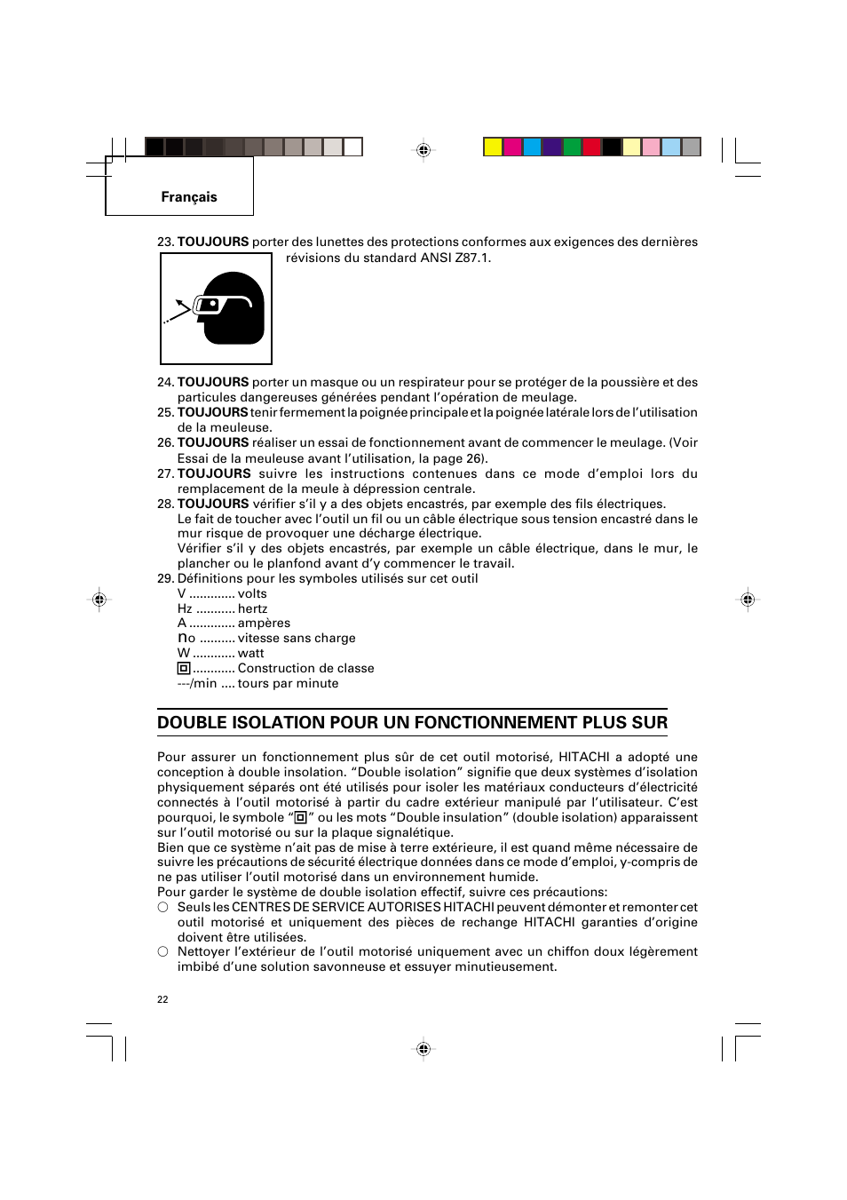 Double isolation pour un fonctionnement plus sur | Hitachi G 12SA2 User Manual | Page 22 / 48