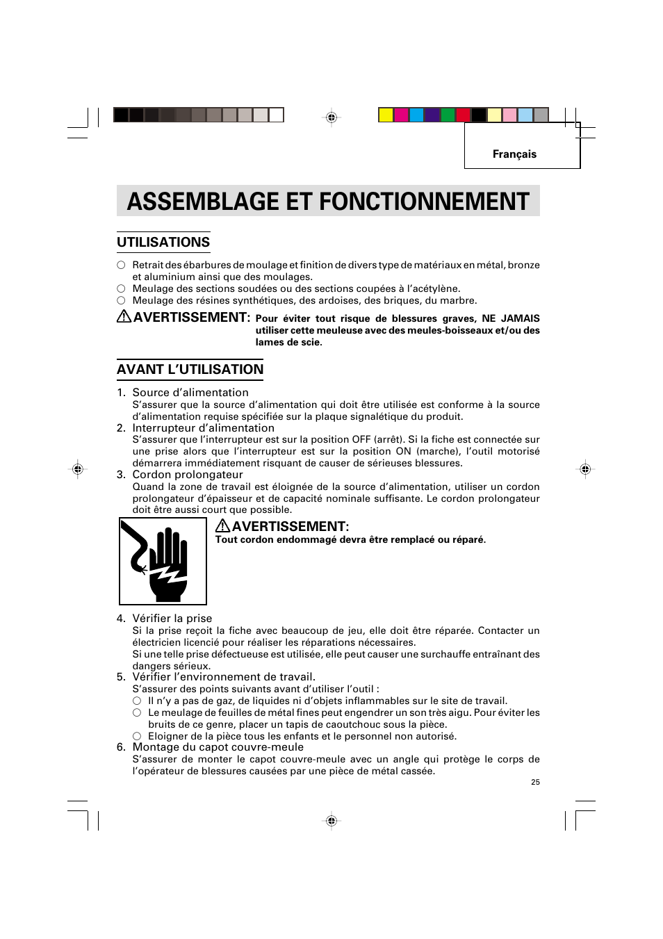 Assemblage et fonctionnement, Utilisations, Avertissement | Avant l’utilisation | Hitachi G 12SA2 User Manual | Page 25 / 48
