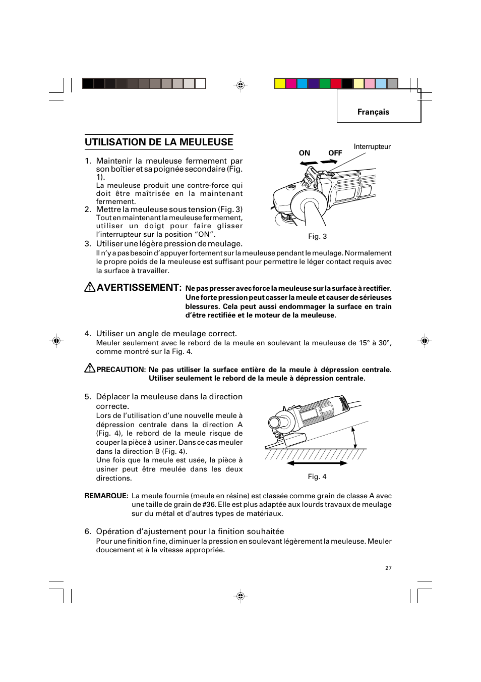 Utilisation de la meuleuse, Avertissement | Hitachi G 12SA2 User Manual | Page 27 / 48