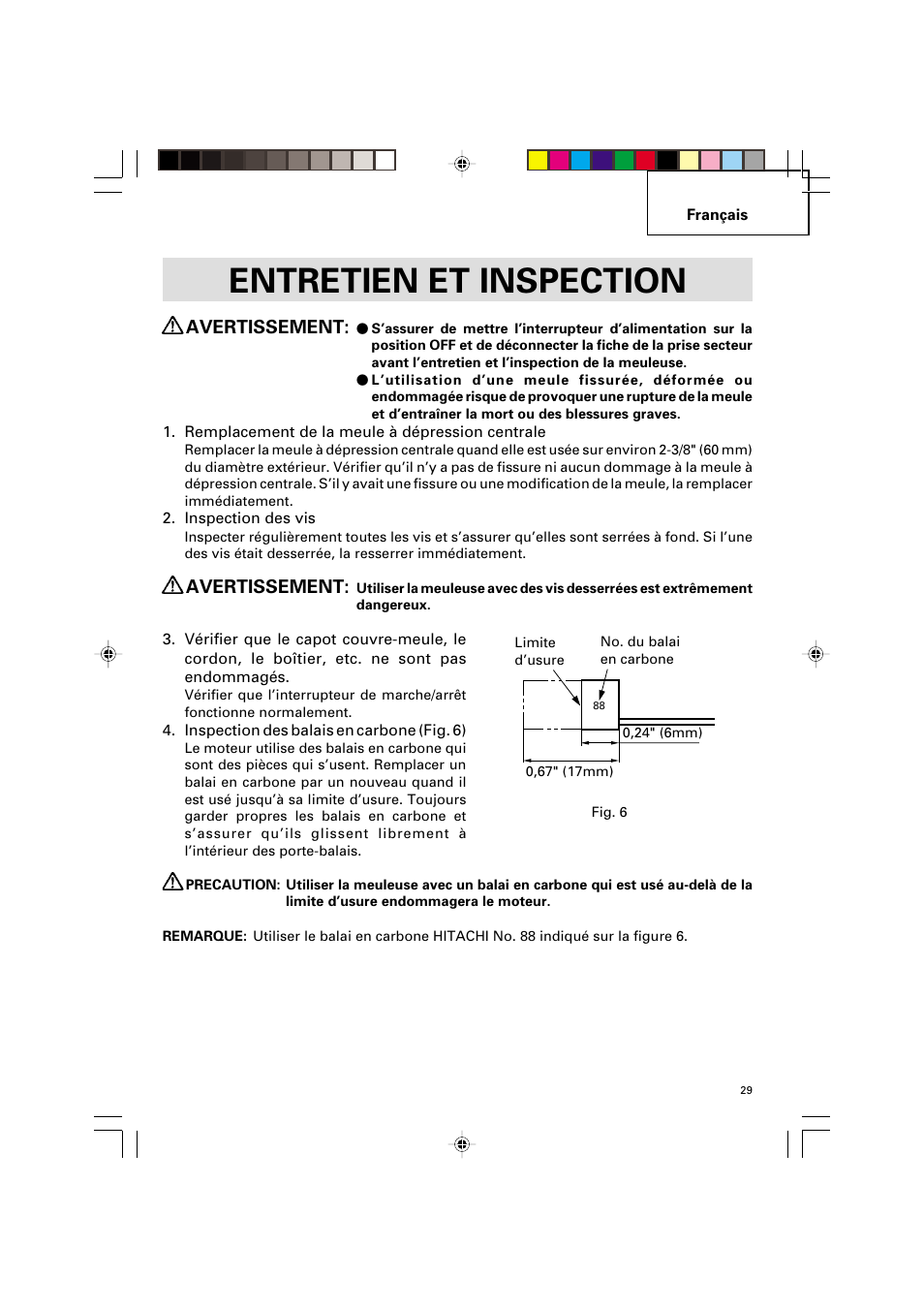 Entretien et inspection, Avertissement | Hitachi G 12SA2 User Manual | Page 29 / 48