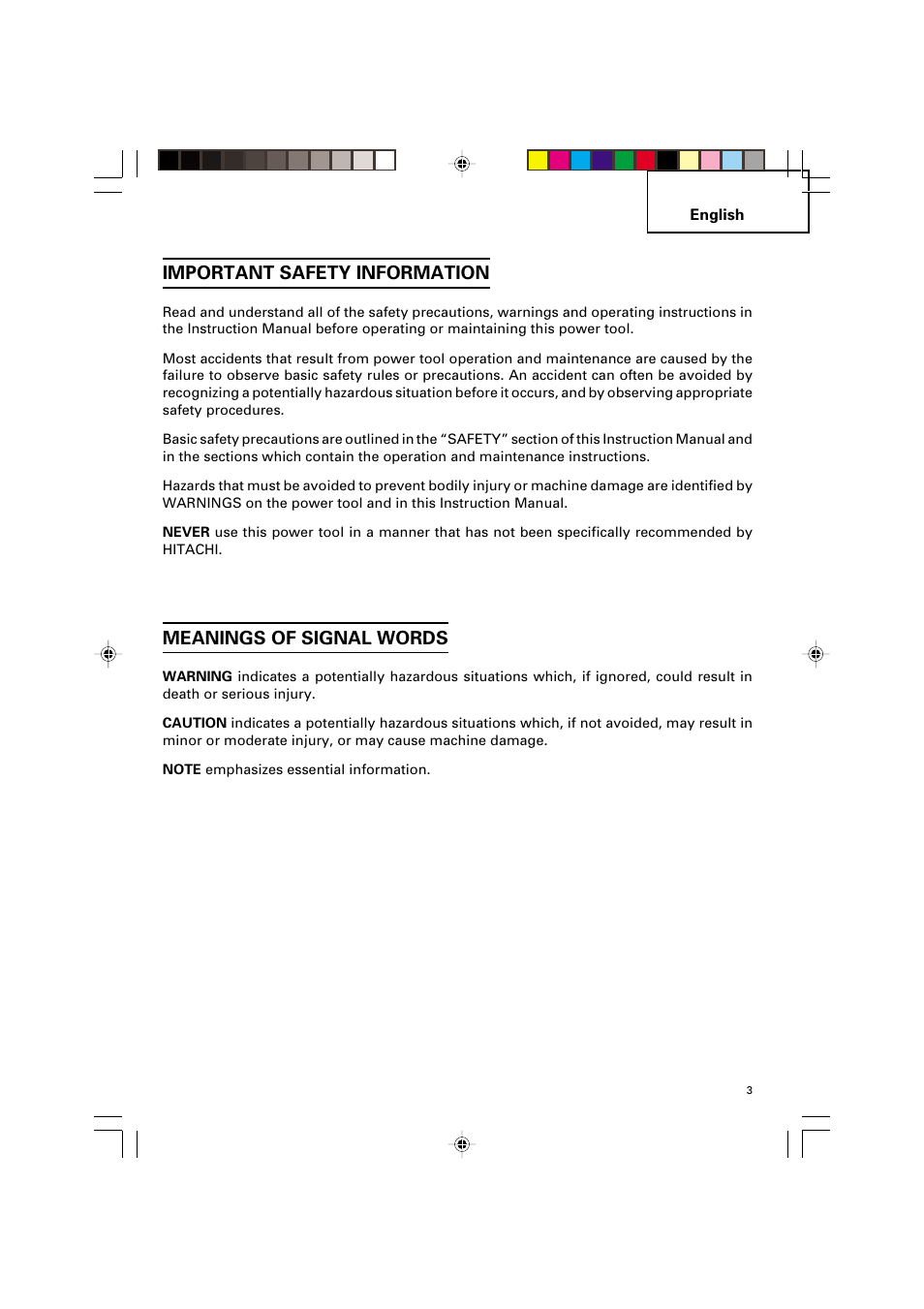 Important safety information, Meanings of signal words | Hitachi G 12SA2 User Manual | Page 3 / 48