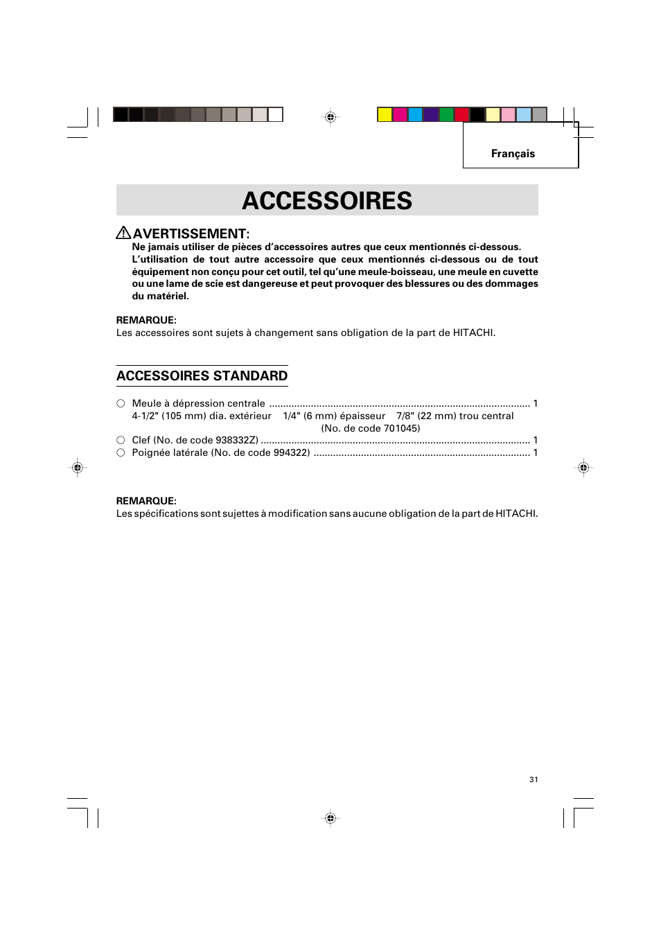 Accessoires, Avertissement, Accessoires standard | Hitachi G 12SA2 User Manual | Page 31 / 48