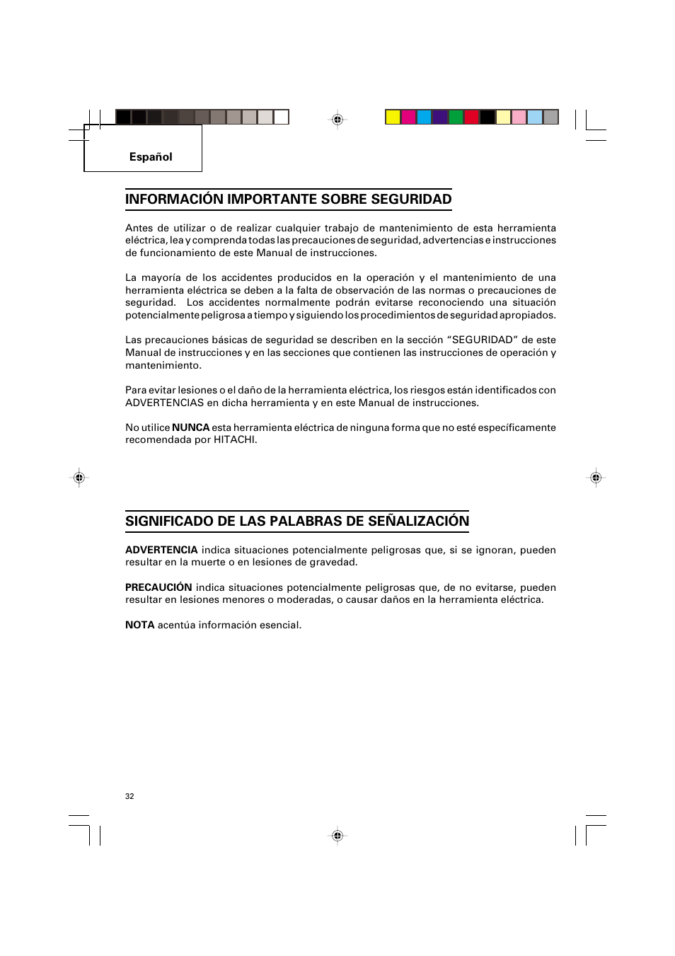 Información importante sobre seguridad, Significado de las palabras de señalización | Hitachi G 12SA2 User Manual | Page 32 / 48