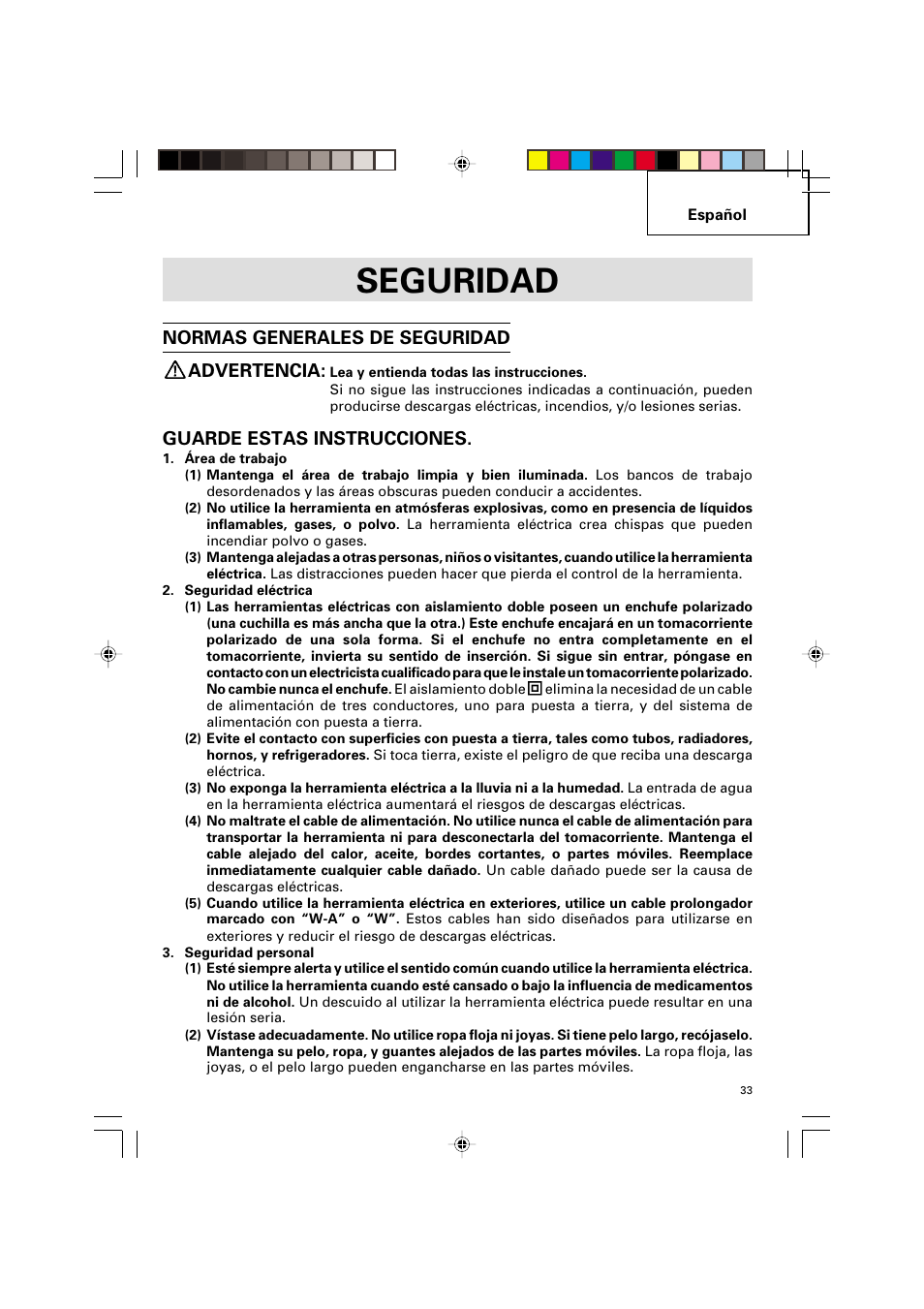 Seguridad, Normas generales de seguridad advertencia, Guarde estas instrucciones | Hitachi G 12SA2 User Manual | Page 33 / 48