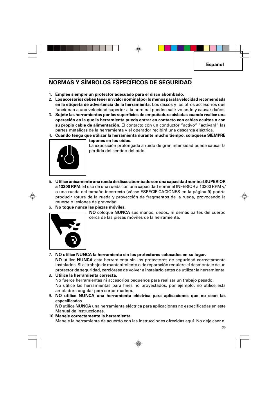 Normas y símbolos específicos de seguridad | Hitachi G 12SA2 User Manual | Page 35 / 48