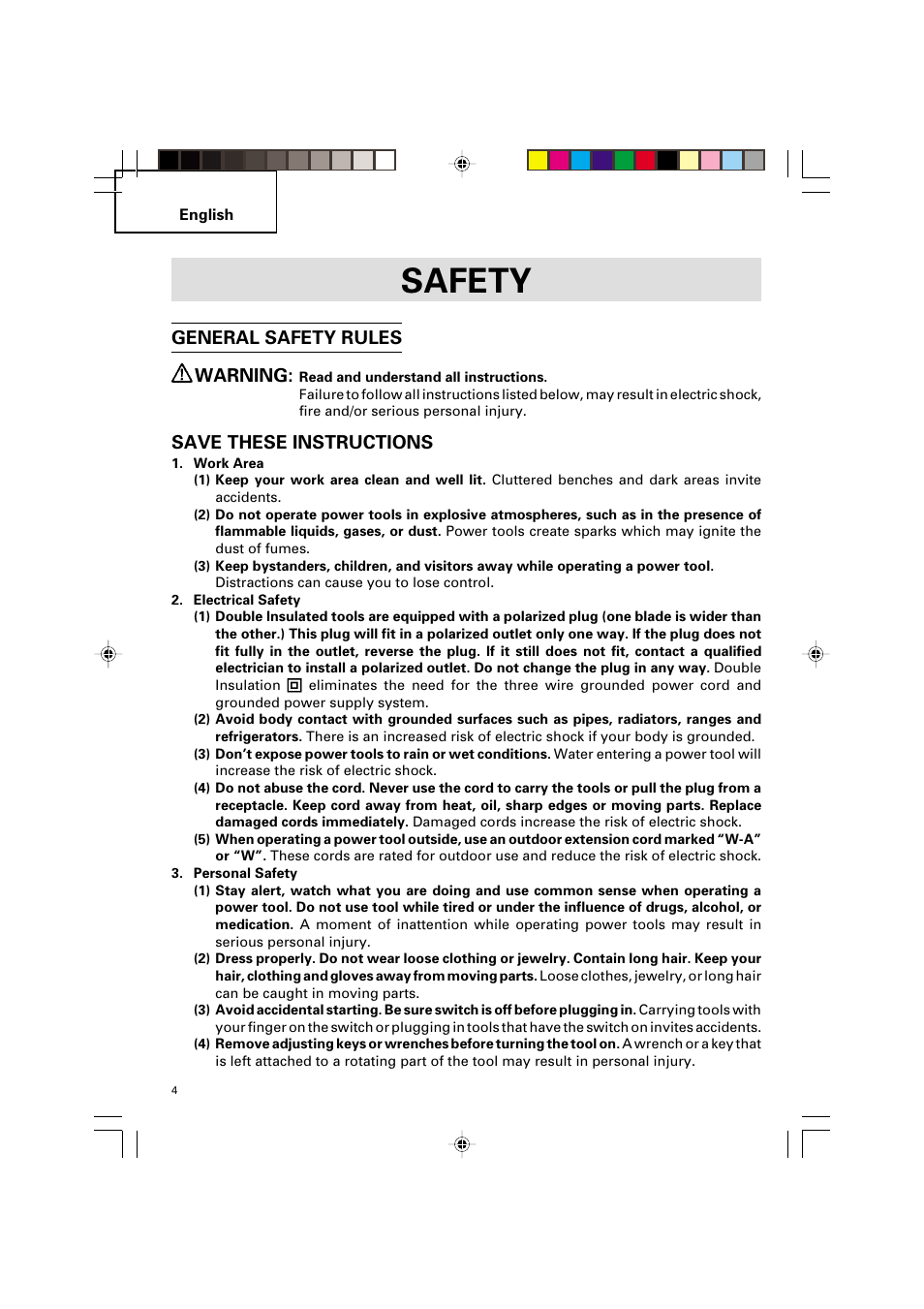 Safety, General safety rules warning, Save these instructions | Hitachi G 12SA2 User Manual | Page 4 / 48