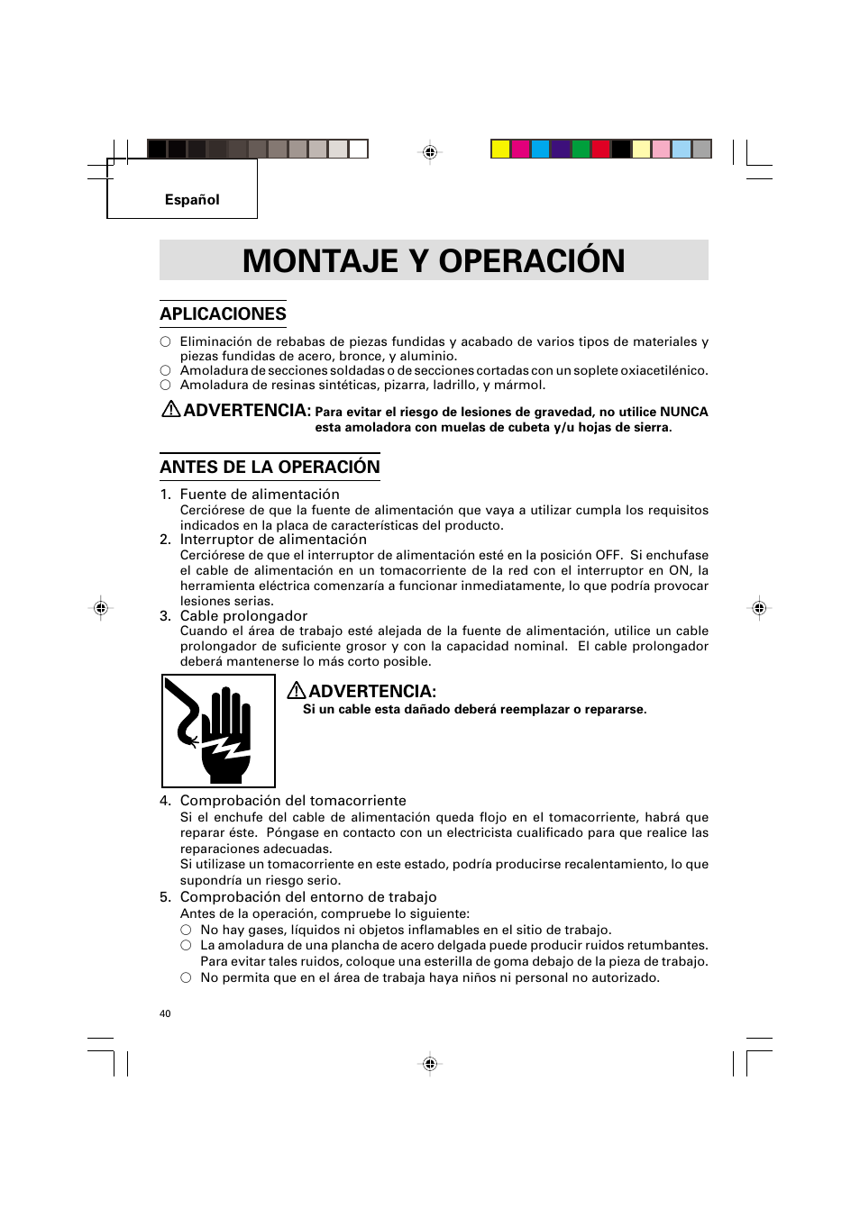 Montaje y operación, Aplicaciones, Advertencia | Antes de la operación | Hitachi G 12SA2 User Manual | Page 40 / 48
