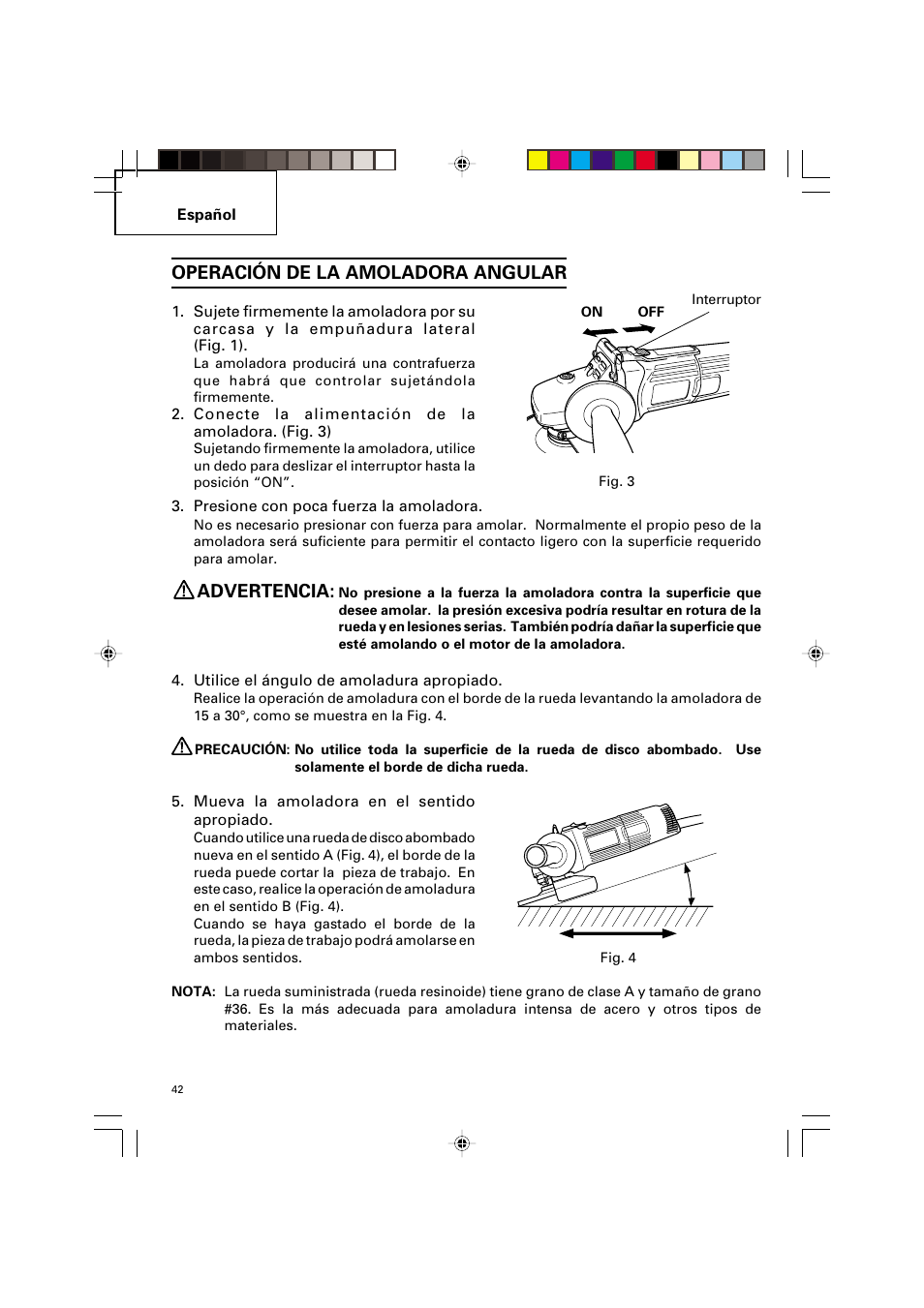 Operación de la amoladora angular, Advertencia | Hitachi G 12SA2 User Manual | Page 42 / 48