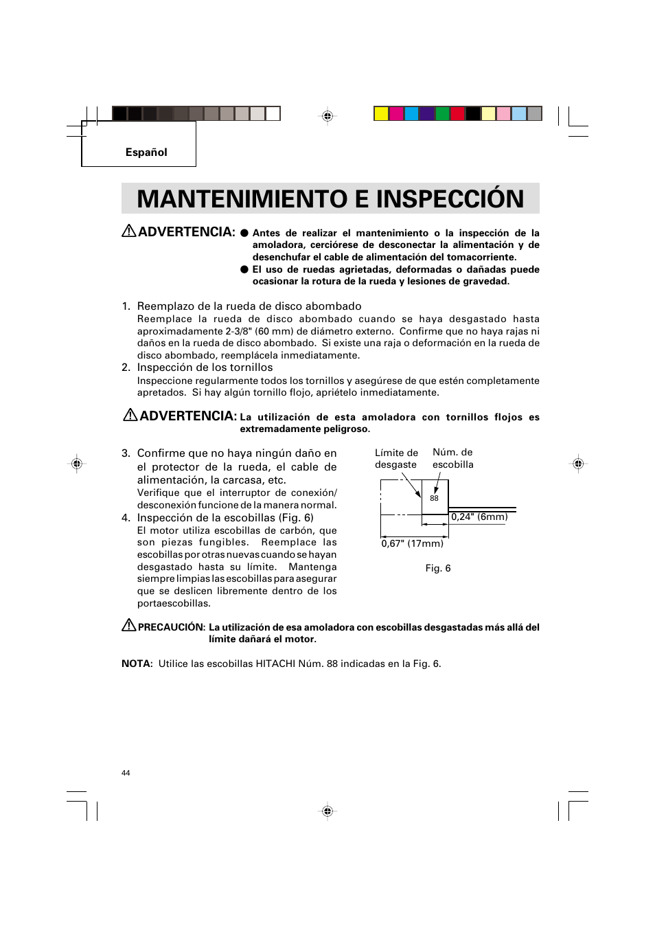 Mantenimiento e inspección, Advertencia | Hitachi G 12SA2 User Manual | Page 44 / 48