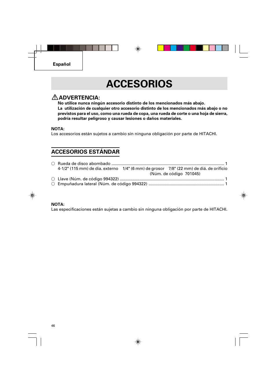 Accesorios, Advertencia, Accesorios estándar | Hitachi G 12SA2 User Manual | Page 46 / 48