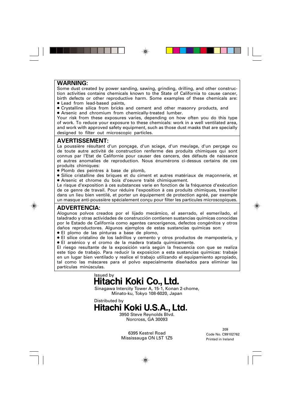 Hitachi koki canada co, Warning, Avertissement | Advertencia | Hitachi G 12SA2 User Manual | Page 48 / 48