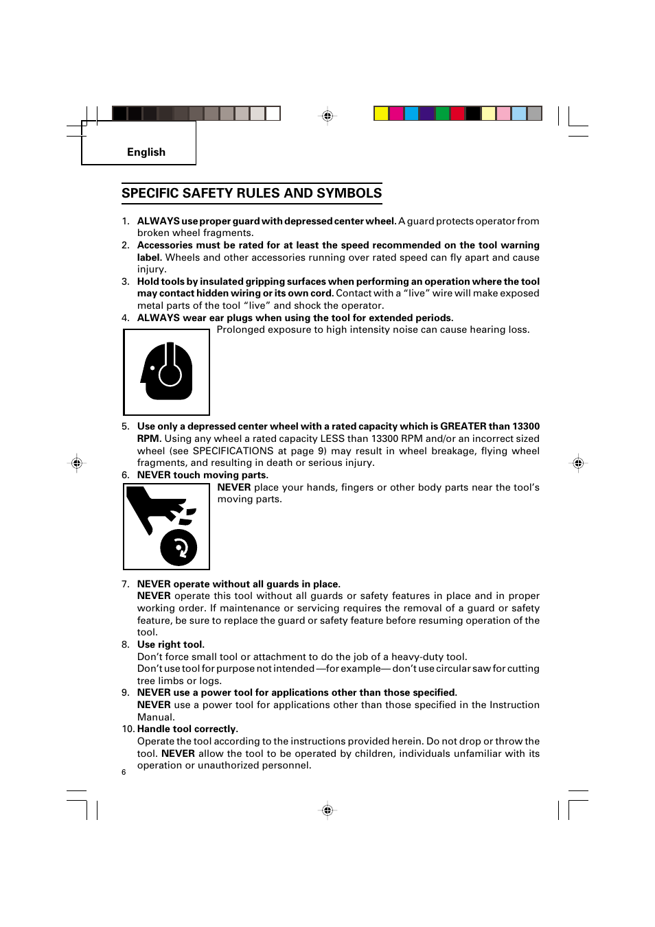 Specific safety rules and symbols | Hitachi G 12SA2 User Manual | Page 6 / 48