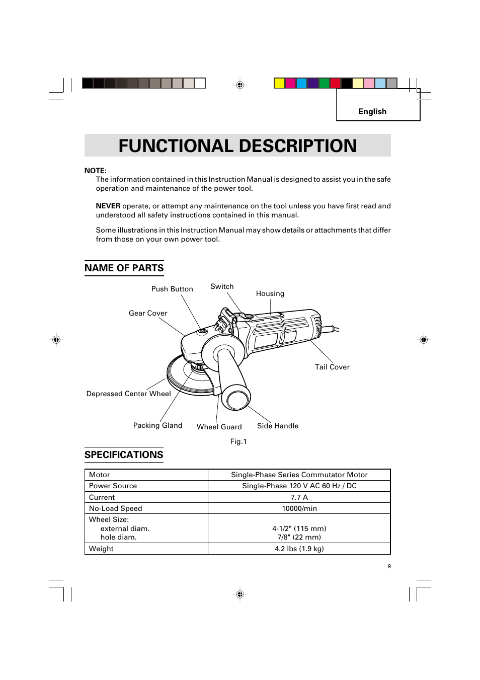 Functional description, Name of parts specifications | Hitachi G 12SA2 User Manual | Page 9 / 48